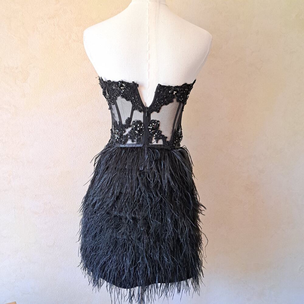 Cinderella Black Feather Corset Mini Dress Strapless Beaded Prom Size 4 Cocktail - Picture 5 of 16